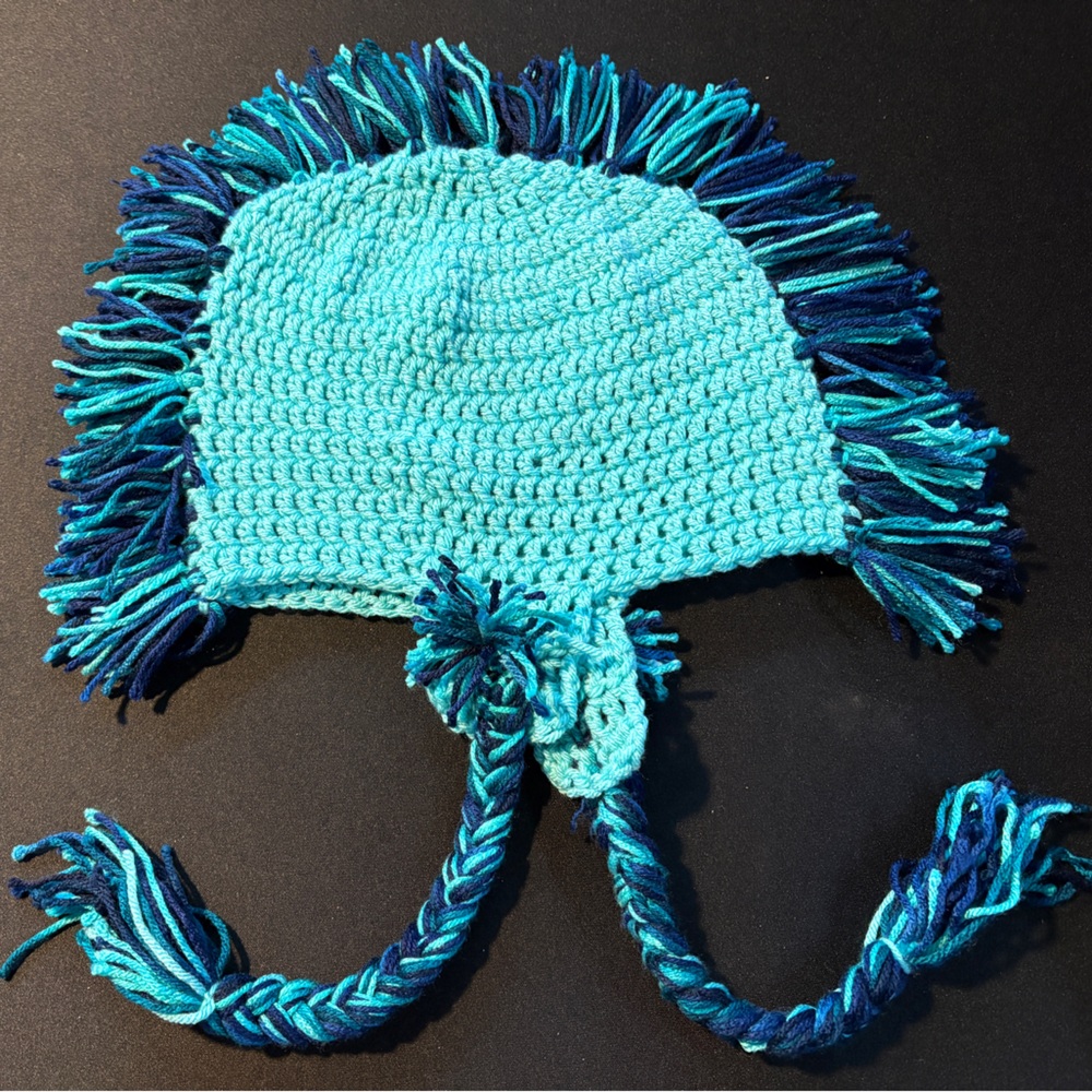 Handmade Kids Crochet Fringe Beanie Hat in Teal and Navy